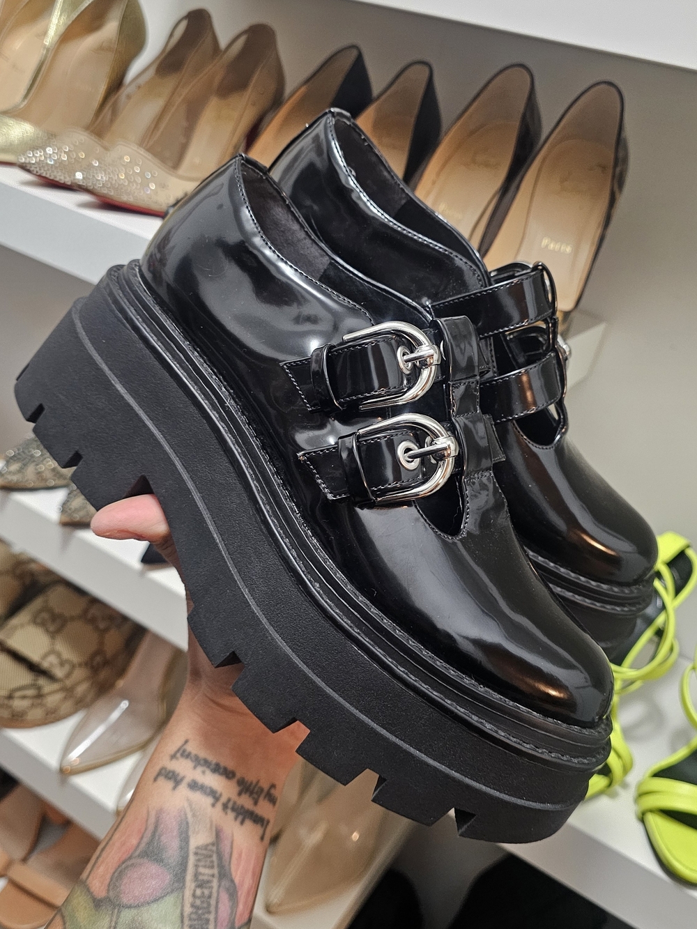 Black Patent Double-Buckle Platform Loafers - Women's Shoes